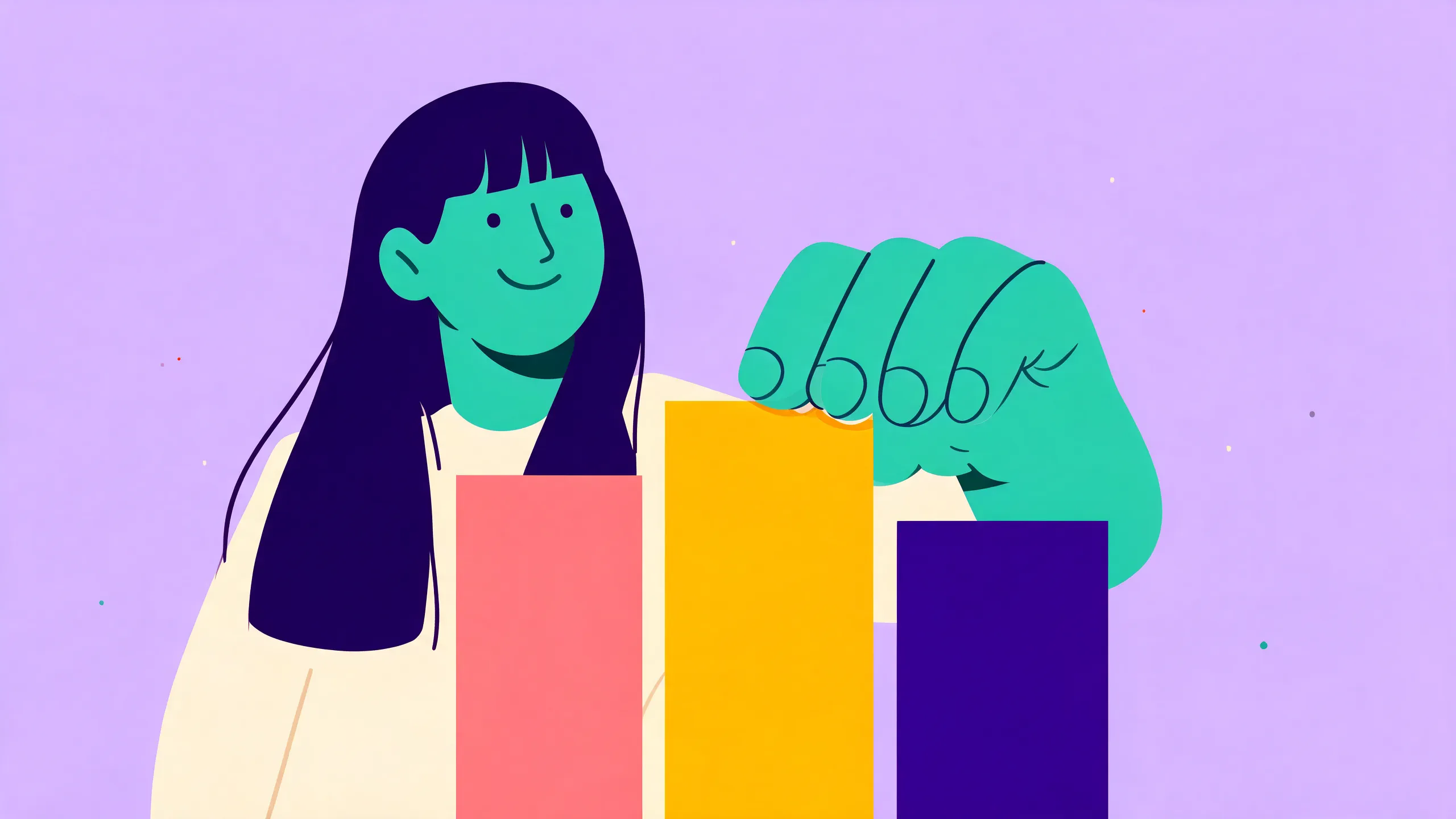 Una mujer sonriente compara bloques de colores de distintas alturas antes de elegir uno