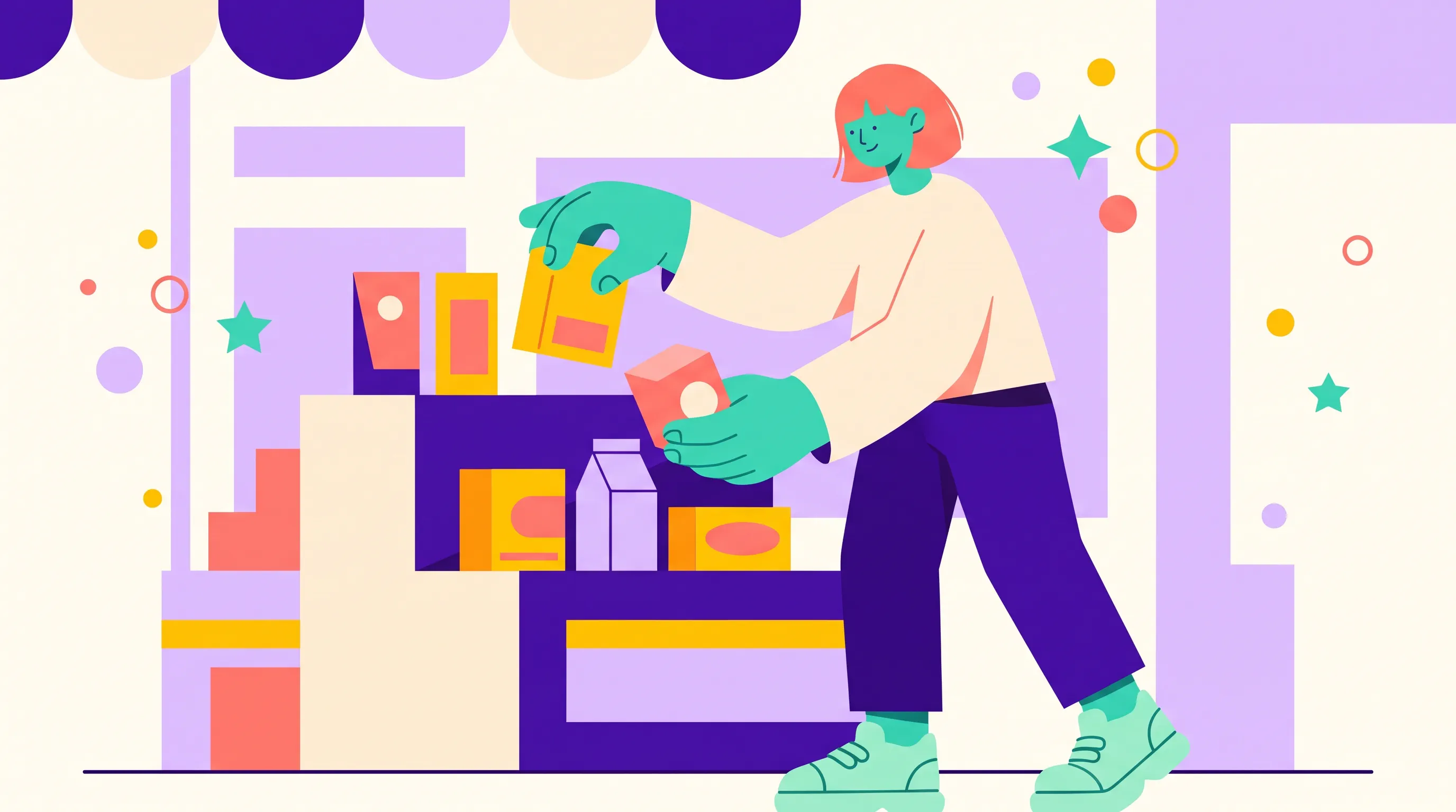 Una mujer reorganiza los productos de un mostrador en una tienda luminosa y renovada