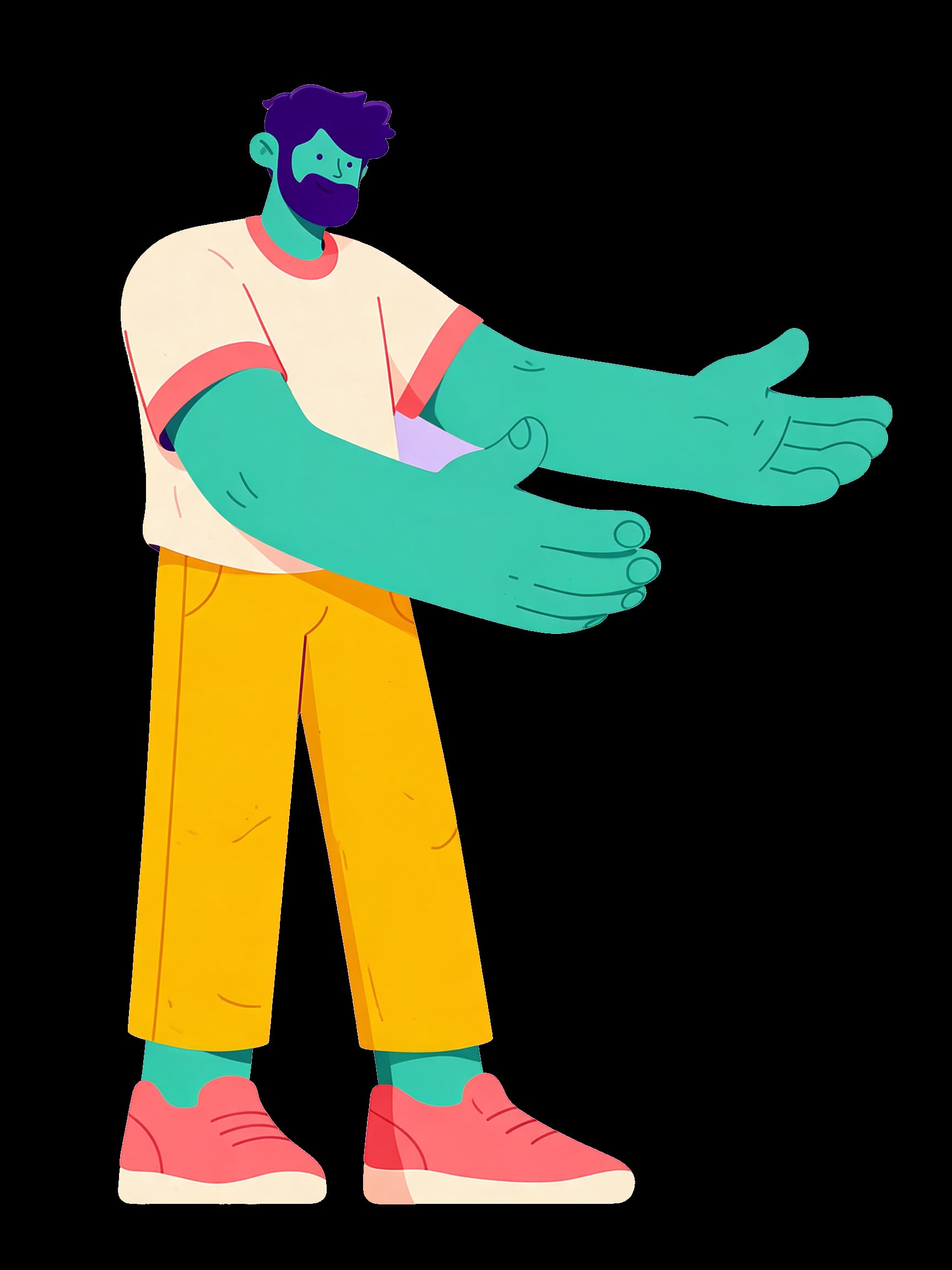 Ilustración de un asistente del eShow con los brazos abiertos en gesto de presentación, sobre fondo lavanda