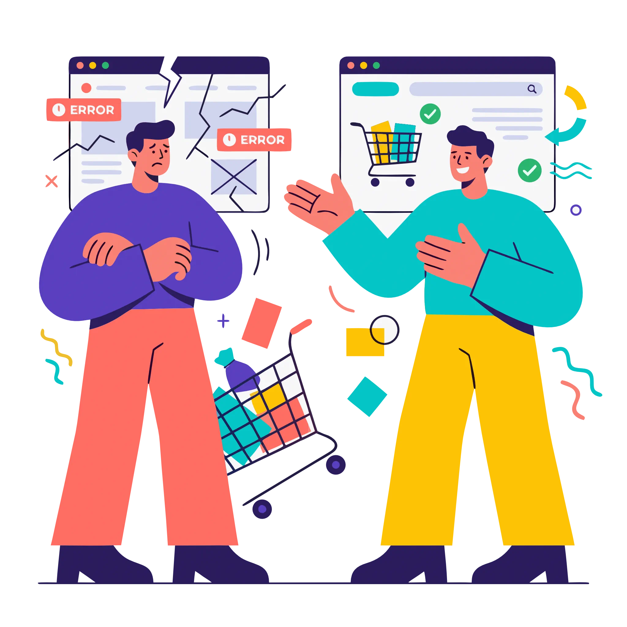 Ilustración de dos personas revisando una tienda online y un carrito de la compra en pantallas